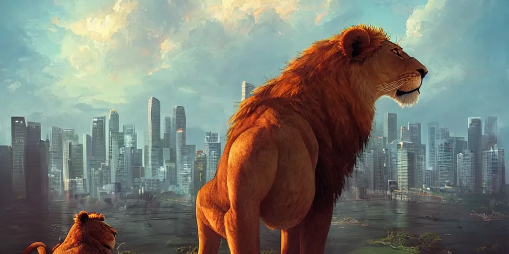 Image similar to Singapore city with a lion-shaped!!!!! cloud in the sky, by greg rutkowski, red and white lighting, digital art, ultra realistic, ultra detailed, photorealistic, 4k, character concept