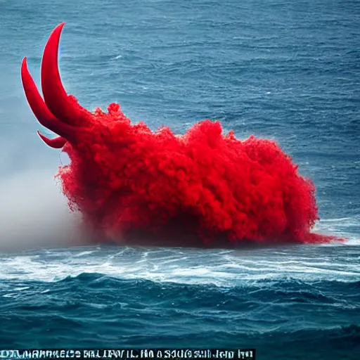 Image similar to a devilish red monster with horns emerging from boiling rough seas, photo by david lachapelle, s - 5 0