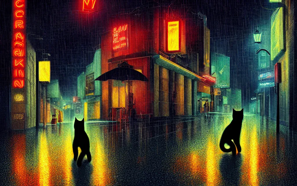 Image similar to black cat running through heavy rain in an emprty neon lit street at night by wlop, ultra detailed color art, high detail, digital art