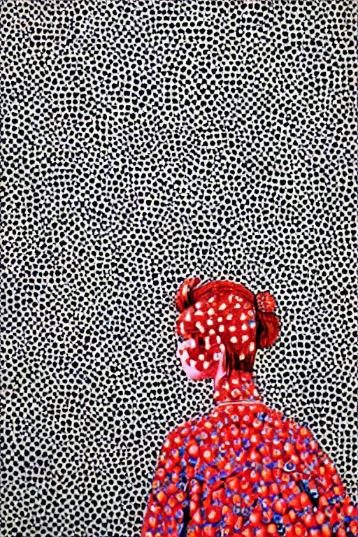 Prompt: hyper realistic painting of a japanese woman foreground by kei mieno, pattern background by yayoi kusama, highly detailed, symmetrical