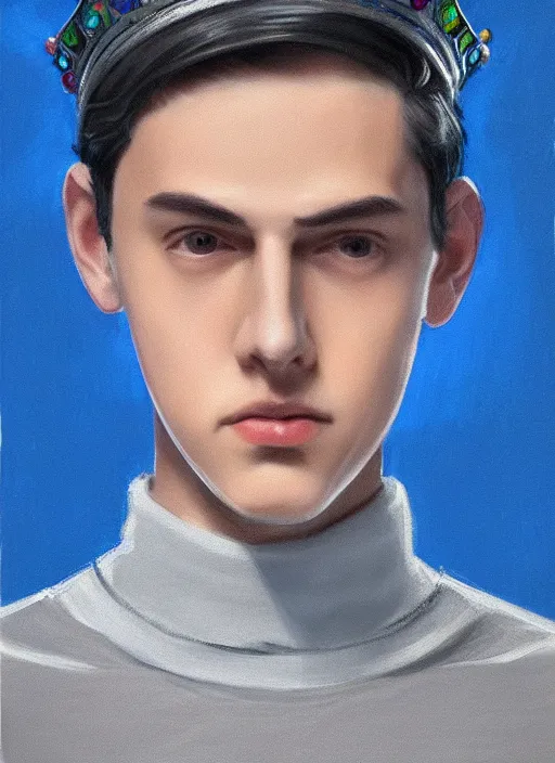 Image similar to portrait of teenage jughead jones wearing a light grey crown, crown, blue turtleneck, 1 9 5 0 s, closed eyes, photorealistic, black hair, glowing lighting, intricate, elegant, glowing lights, highly detailed, digital painting, artstation, concept art, smooth, sharp focus, illustration, art by wlop, mars ravelo and greg rutkowski