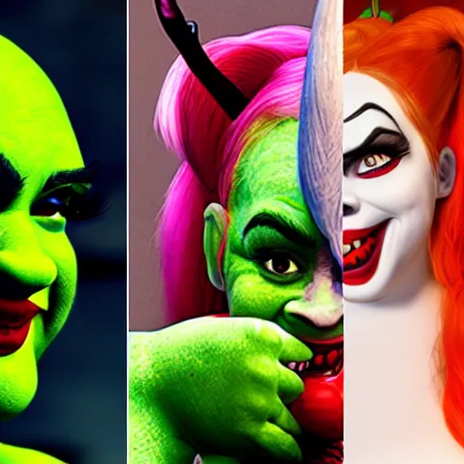 Prompt: Shrek as real-life Harley Quinn, cinematic, Wide-shot, atmospheric lighting, extreme detail, 8K, movie still