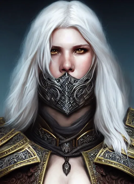 Image similar to warrior, leather armor!!! long wild white hair!! covered chest!!! fantasy, d & d, intricate ornate details, digital painting, pretty face!!, symmetry, concept art, sharp focus, illustration, art by artgerm! greg rutkowski magali villeneuve wlop! ilya kuvshinov!!, octane render