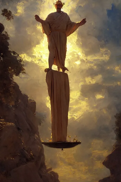 Image similar to beautiful impressionistic oil painting portrait of ancient roman god emperor steve buscemi ascending wearing the civic crown levitating in religious pose, art by anders zorn, wonderful masterpiece by greg rutkowski, expressive brush strokes, beautiful cinematic light, american romanticism by greg manchess, jessica rossier