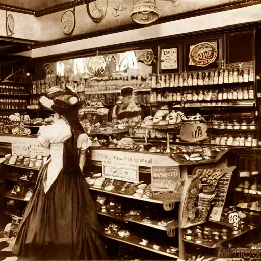 Prompt: Inside an old fashioned sweet shop, fantasy vendor interior, wide angle, cinematic, highly detailed, cinematic lighting , photo-realistic, 1900s