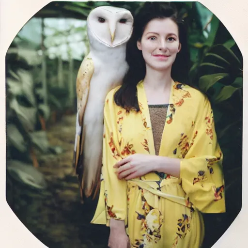 Prompt: head to shoulder portrait Polaroid film photograph of an elegant top model wearing a yellow kimono with a very detailed barn owl on her shoulder!!! in a tropical greenhouse. looking at the camera!!. super resolution. Polaroid 600 film. art by Lili Cranberrie and Cristina Fontsare