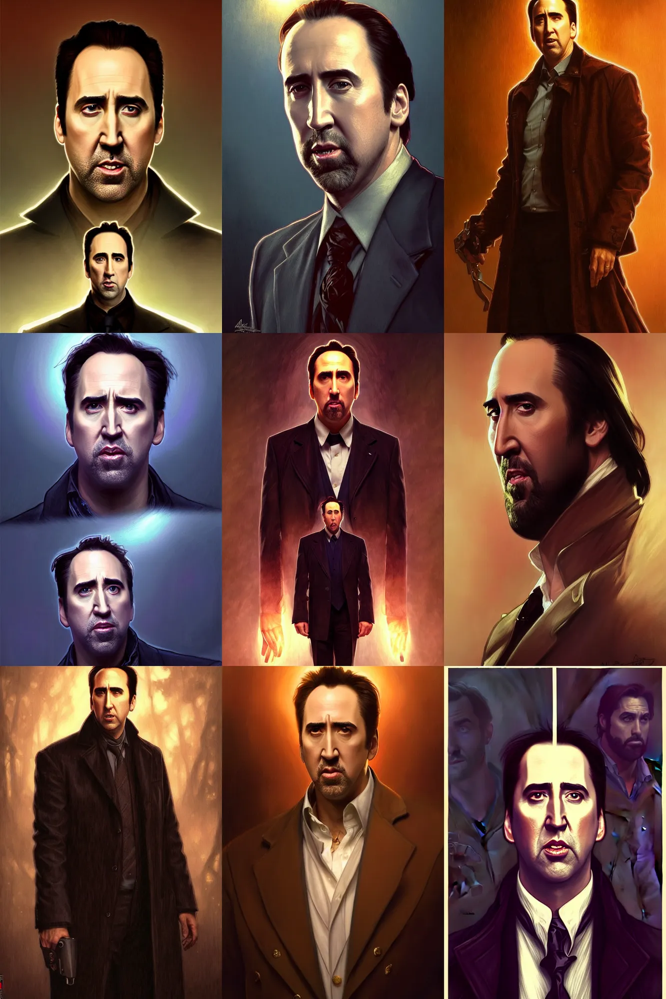 Prompt: full body portrait nicholas cage playing every character in Twilight, looking at camera, intricate, elegant, stylish, fantasy, extremely detailed, digital painting, artstation, concept art, smooth, sharp focus, illustration, stunning lighting, art by artgerm and greg rutkowski and alphonse mucha and simon stalenhag