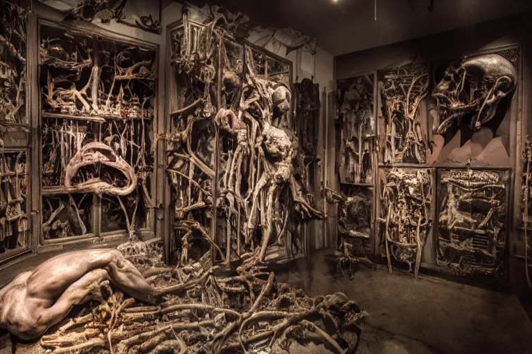 Image similar to inside a museum, a room where anatomical body parts are piece of arts by Rob Bottin at night, filth and grim, very detailed, ultra realistic photography, grainy image