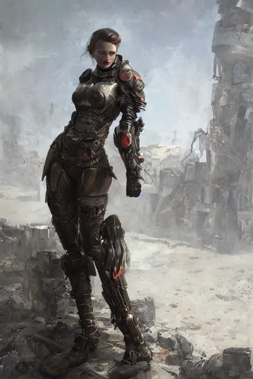 Prompt: a portrait of a woman in a post apocalyptic ruins in futuristic armour weapon on back by eve ventrue