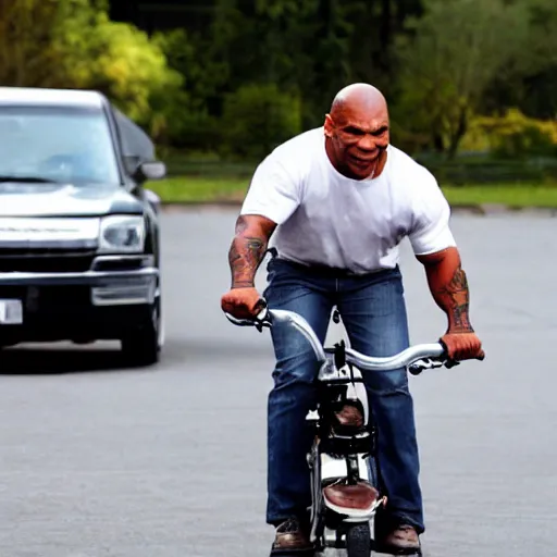 Prompt: mike tyson riding very very small bike