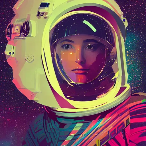 Image similar to portrait of an astronaut girl with helmet and wearing chromatic suit by Petros Afshar and Beeple, highly detailed