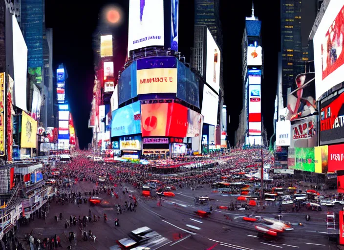 Image similar to film still of the moon shattering into pieces over time square in the new disaster movie, 8 k, night time