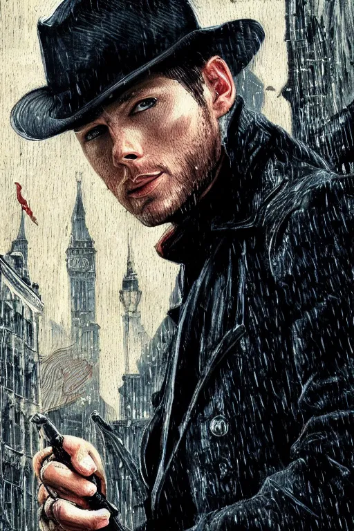 Prompt: a ultradetailed portrait of jensen ackles in a supernatural sherlock holmes story, 1 8 th century london in the rain, city streets, ominous, masterpiece, 8 k, art by rembrant and akira toriyama