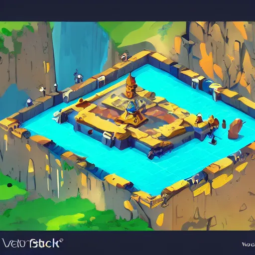 Image similar to A high detailed isometric vector art presenting an aerial view of a RPG room by dofus, Bastion, Transistor, pyre, hades, Patreon content, containing tables and walls, HD, straight lines, vector, grid, dnd map, map patreon, fantasy maps, foundry vtt, fantasy grounds, aerial view ,dungeondraft , tabletop, inkarnate, dugeondraft, roll20