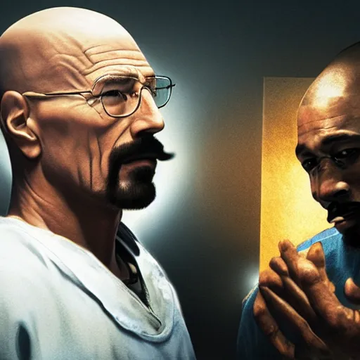 Image similar to Walter White holding Tupac by the throat, realistic, 8k resolution, hyperdetailed, highly detailed, real life, studio lighting, high quality, action shot,