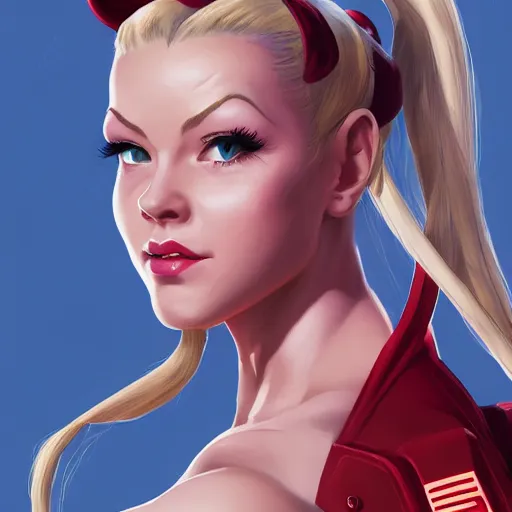 Image similar to portrait of Cammy White from Streetfighter, League of Legend illustration by Sam Youn:3, profile picture by Gil Elvgren:3, asymmetrical, Organic Painting, Ambient Occlusion:3, Matte Painting, bold shapes, hard edges, street art, trending on artstation, realistic:2 by Sachin Teng:5