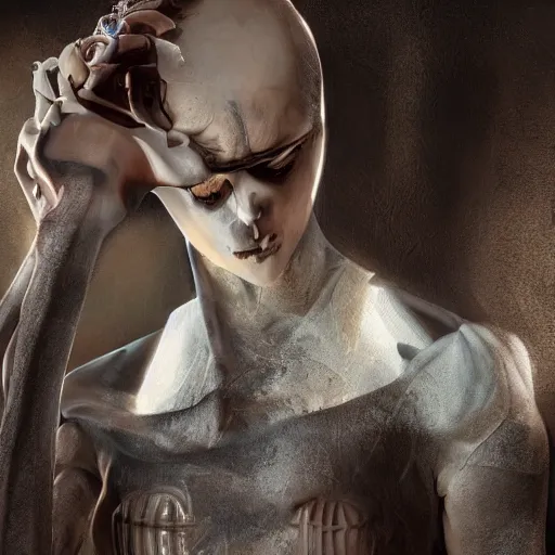 Image similar to a beautiful stil of an human robot, artificial flesh, bones, blood, westworld style, medium - shot, insanely detailed, beautiful soft light, by annie leibowtiz