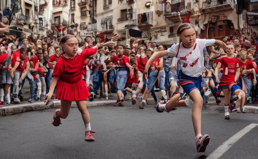 Image similar to greta thunberg running in san fermines chased by bulls, highly detailed, cinematic, 8 k resolution, beautiful detailed, octane render, unreal engine