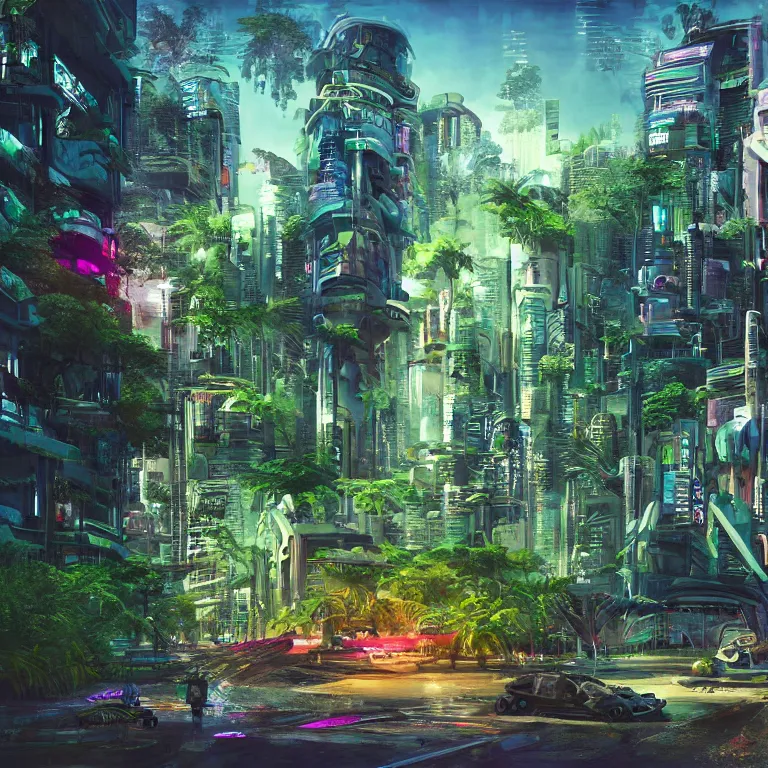 Image similar to cyberpunk visor, cyberpunk buildings in the tropical forest, wild jungles with organic housing, cyberpunk, high - quality surreal painting