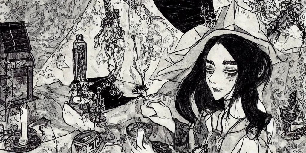 Image similar to a young black haired witch performing a tarot card fortune telling in her room full of elixirs, magical talismans and charms, illustration in the style of kaye waldberg and matthew lyrett and maria garcia garta, artstation, pixiv, smooth curves and sharp edges, gorgeous lighting,