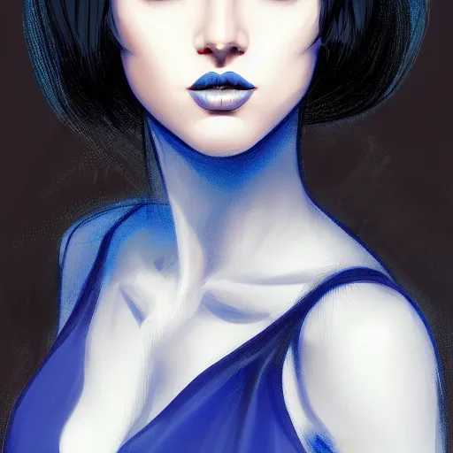 Image similar to a stunning upper body portrait of a beautiful woman with black hair with a blue tint blowing in the wind by marvel comics, digital art, trending on artstation