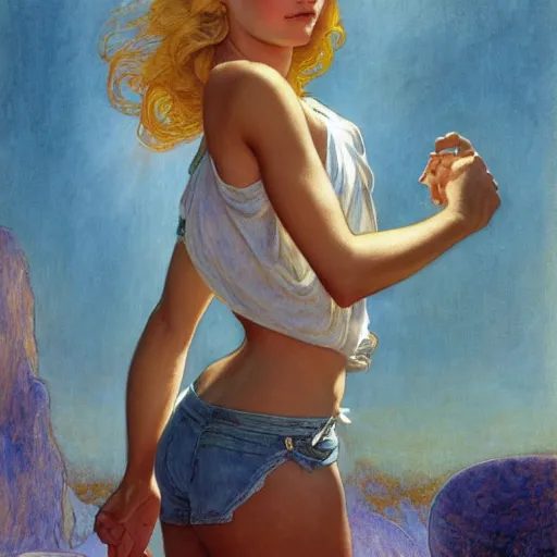 Prompt: A young woman with blonde long hair and bangs in shorts and white shirt drawn by Donato Giancola and Robert McGinnis and Julie Bell and frank frazetta and alphonse mucha, background by James Jean and gustav klimt, 4k, sunny day, volumetric lighting, french nouveau, trending on artstation, octane render, hyperrealistic