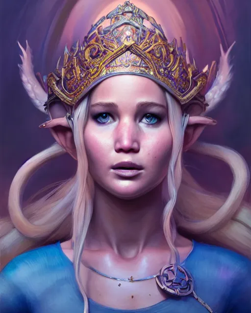 Image similar to highly detailed surreal vfx portrait of jennifer lawrence as princess zelda, stephen bliss, unreal engine, greg rutkowski, loish, rhads, beeple, makoto shinkai and lois van baarle, ilya kuvshinov, rossdraws, tom bagshaw, alphonse mucha, global illumination, detailed and intricate environment