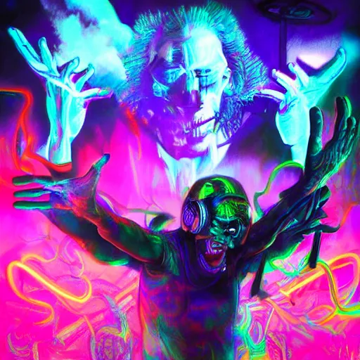 Prompt: psychedelic cyberpunk demon painting, rocking out, wearing headphones, huge speakers, dancing, rave, DJ, spinning records, digital art, amazing composition, rule-of-thirds, award-winning, trending on artstation, featured on deviantart