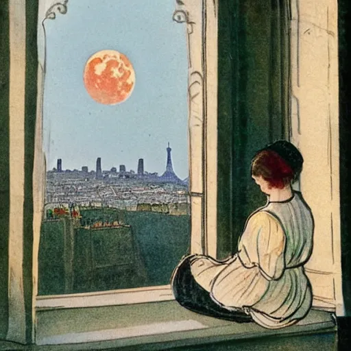 Image similar to a young edwardian woman sits in a window overlooking paris with the eiffel tower visible in the background, the moon is behind the eiffel tower, it's nighttime, in the style of Carl Larsson