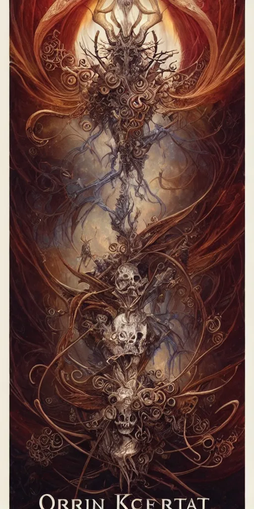 Image similar to A beautiful detailed orixa 2d tarot card by ellen jewett, tomasz alen kopera and Justin Gerard, symmetrical features, ominous, magical realism, texture, intricate, ornate, royally decorated, skull, skeleton, whirling smoke, embers, red adornments, red torn fabric, radiant colors, fantasy, trending on artstation, volumetric lighting, micro details, 3d sculpture, ray tracing, 8k, anaglyph effect