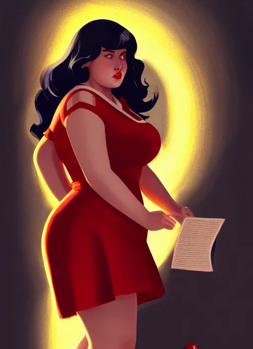 Image similar to full body portrait of teenage veronica lodge, obese, bangs, sultry, realistic, sultry smirk, wavy hair, red skirt, fat, belly, intricate, elegant, glowing lights, highly detailed, digital painting, artstation, concept art, smooth, sharp focus, illustration, art by wlop, mars ravelo and greg rutkowski