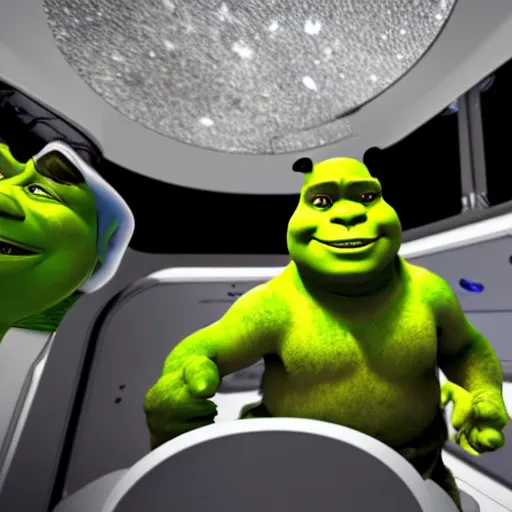 Prompt: shrek flying in a spacex ship, cinematic lighting, detailed, sharp focus