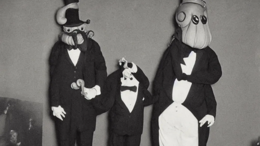 Image similar to a vintage color photograph of anthropomorphic cthulhu in a tuxedo at a fundraising in the white