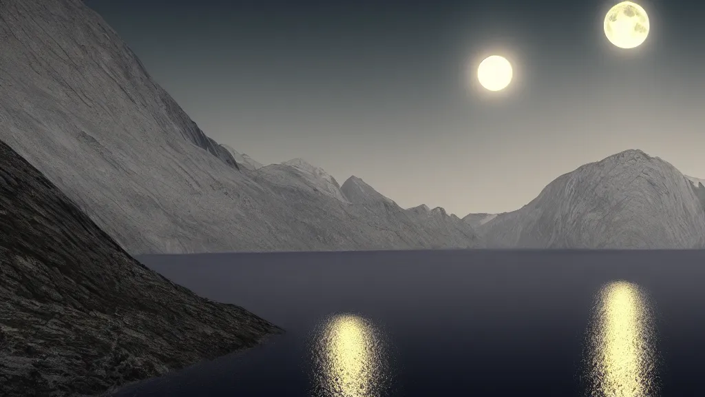 Image similar to a night view of the full moon above fjords, dark, very dark, blue, almost black, dark, dark, dark, dark, moon on the right, moon on the right, moon located on the right, the moon is on the right side, matte painting, concept art, 4 k