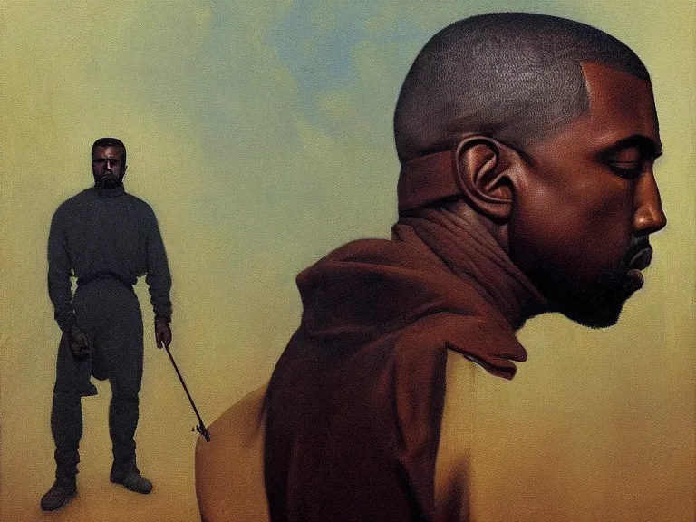 Image similar to a detailed profile oil painting of kanye west holding a gun, aurora lighting clouds and stars by beksinski carl spitzweg and tuomas korpi. intricate artwork by caravaggio. Trending on artstation. 8k