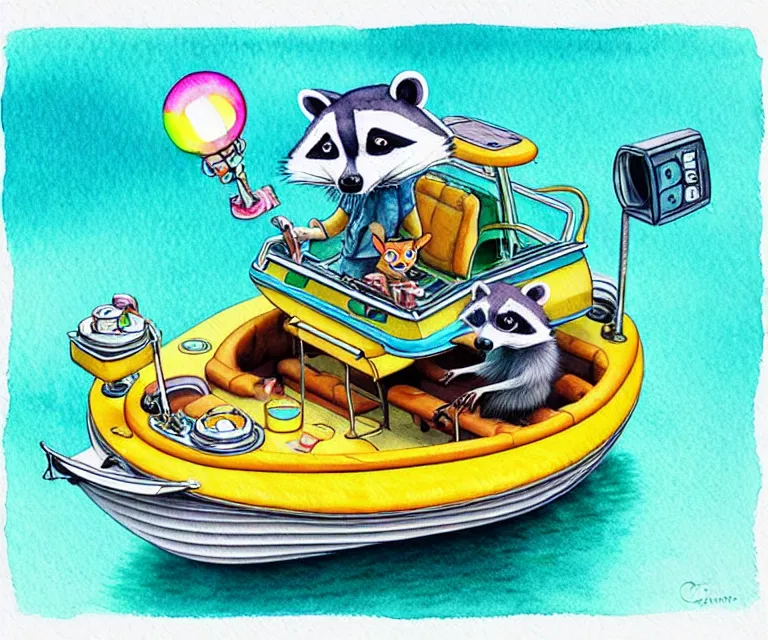 Image similar to cute and funny, racoon driving a tiny pontoon boat with party lights, ratfink style by ed roth, centered award winning watercolor pen illustration, isometric illustration by chihiro iwasaki, edited by craola, tiny details by artgerm and watercolor girl, symmetrically isometrically centered