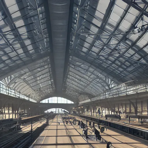 Prompt: an cavernous and expansive train terminal, sun rays coming in through windows, smoky and dusty air, people in a train station, photograph by hal morey, featured on cg society, light and space, volumetric lighting, matte drawing, cinematic, moody, dramatic, global illumination
