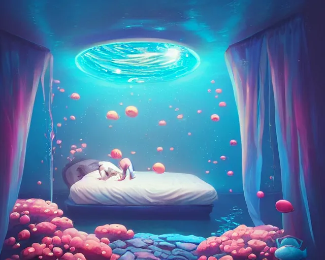 Prompt: deep - sea bedroom with a sea flower canopy bed in a sparkling anemone garden, bubbles, underwater scenery, radiant lighting, artstation, alena aenami, leiji matsumoto