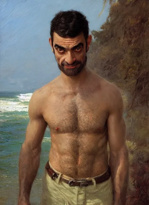 Image similar to detailed cinematic wide shot of muscular attractive young portuguese man ( ( mr. bean ) ) beard slim face symmetrical face tanskin green eyes white hair wearing sea clothes, ultra realistic, spring light, painting by gaston bussiere, craig mullins, j. c. leyendecker