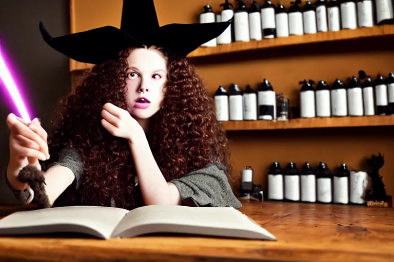 Image similar to extreme close up portrait, dramatic lighting, teen witch calmly pointing a magic wand casting a spell over a large open book on a table with, curly hair, cat on the table in front of her, sage smoke, a witch hat cloak, apothecary shelves in the background 2 0 0 0's photo, ultra sharp, 8 k