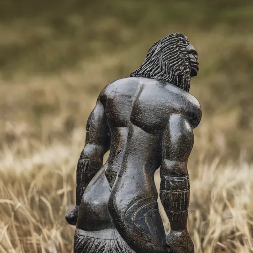 Image similar to a scenic view of a Maori warrior statue made with etched wood, long lens, depth of field, detailed, texturized