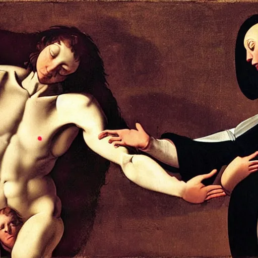 Image similar to the creation of adam by caravaggio with robots