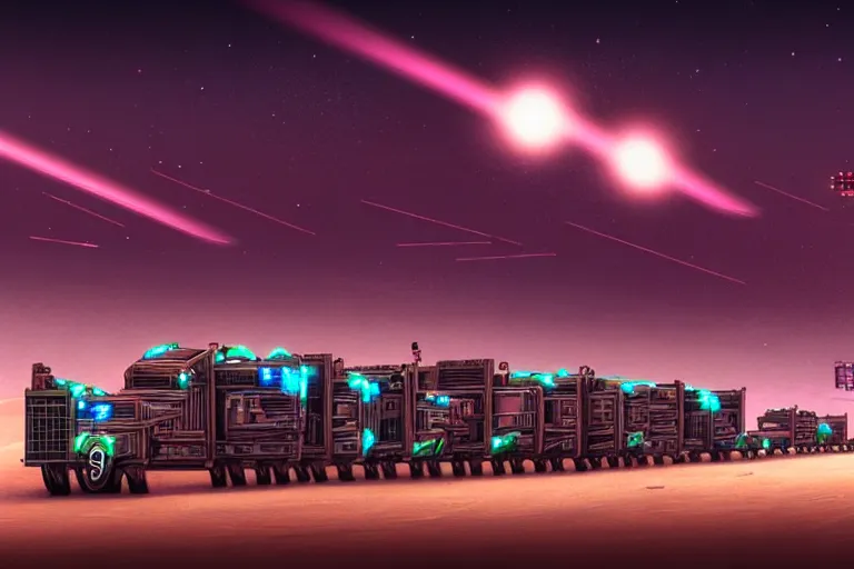 Image similar to a convoy of cyberpunk wagons moving through a star lit desert, dystopian, dusty