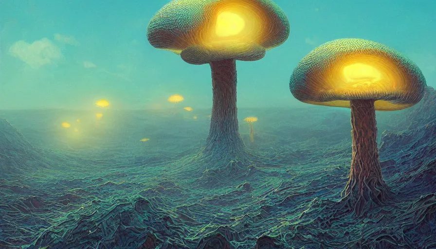 Image similar to A highly detailed digital art painting of a volatile nuclear caustic poison mushroom irradiated barren teal and yellow landscape by Karol Bak, Makoto Shinkai, by Artgerm, by beeple, volumetric lighting, octane render, 4K resolution, trending on artstation, masterpiece, vivid colours