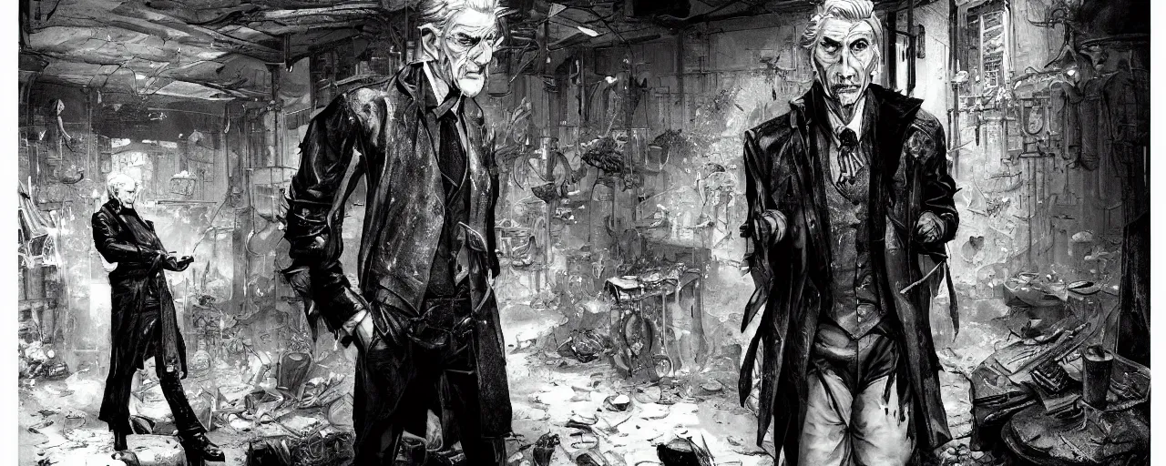 Image similar to duotone sepia comic noir illustration 3 / 4 portrait of emiel regis old vampire with silver hair sideburns in leather clothes from wicther 3 sitting in a crypt workshop. by sachin teng and sergey kolesov and ruan jia and heng z. graffiti art, scifi, fantasy, hyper detailed. octane render. concept art. trending on artstation