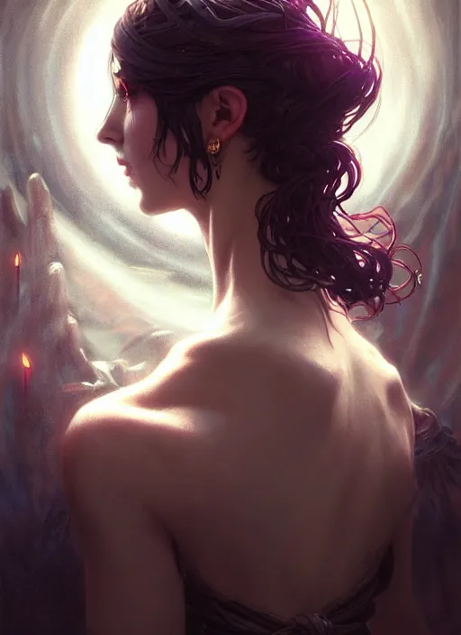 Image similar to a beautiful cinematic female Necromancer Sorceress, fantasy landscape, fantasy magic, undercut hairstyle, dark light night, intricate, elegant, sharp focus, illustration, highly detailed, digital painting, concept art, matte, art by WLOP and Artgerm and Greg Rutkowski and Alphonse Mucha, masterpiece