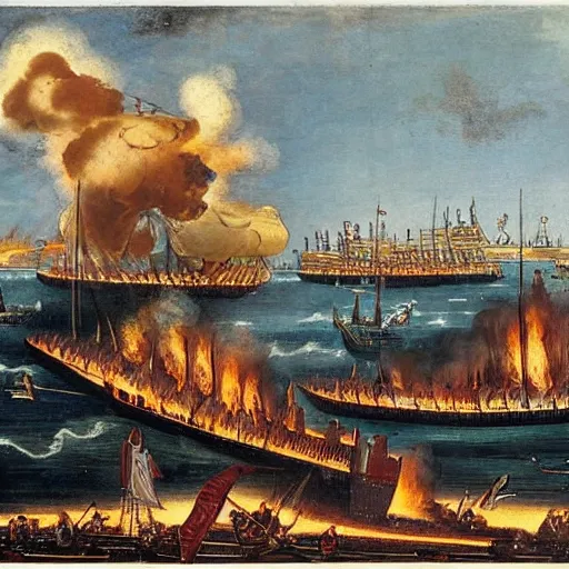 Prompt: Greek fire burning Arab ships in the siege of Constantinople, 717 A.D., in the style of the Dutch Old Masters