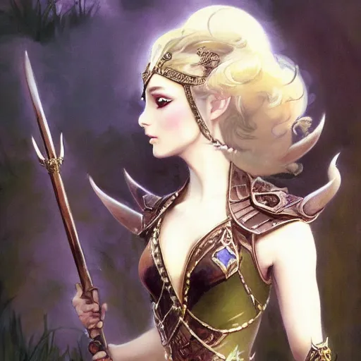 Image similar to elven princess character portrait by frank frazetta - wearing a dress, holding a staff, fantasy, dungeons & dragons, sharp focus, beautiful, artstation contest winner, detailed