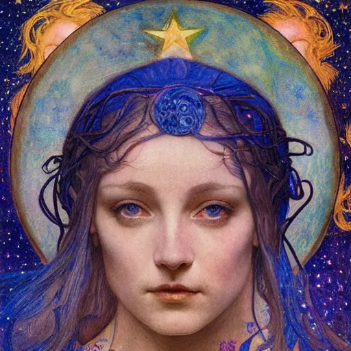 Image similar to queen of the moon with stars in her hair, by annie swynnerton and tino rodriguez and nicholas roerich and jean delville and donato giancola, dramatic lighting, floral tattoos, rich colors, smooth sharp focus, extremely detailed, adolf wolfli