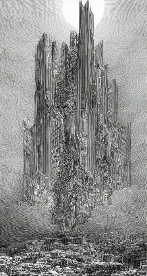 Prompt: huge futuristic building, illustration by gustave dore, detailed, sharp, masterpiece, 8 k